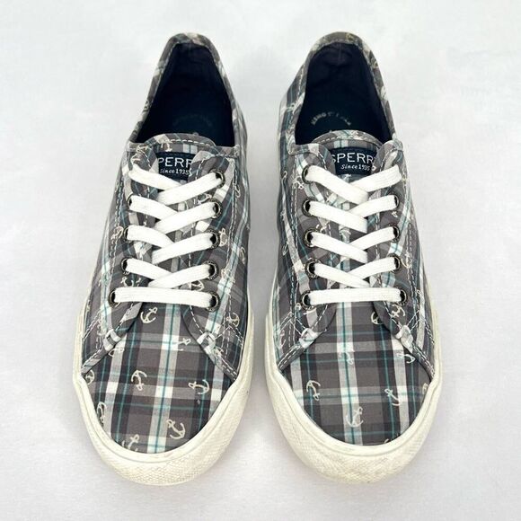 Sperry Pier View Anchor Plaid Gray Blue White Canvas Laced Slip On Sneakers 7.5 - Picture 2 of 11
